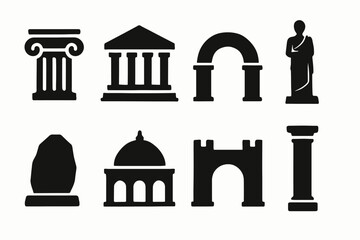 Fototapeta premium Silhouette icons of ancient architectural structures and sculptures
