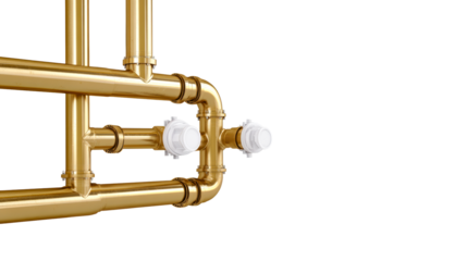 Polished brass pipes with white valves on white background