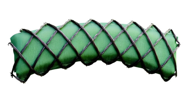 Textured green fabric wrapped in dark wire mesh