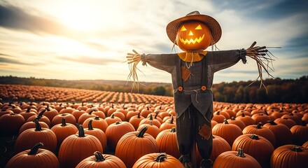 A scarecrow with a glowing pumpkin head stands in a pumpkin field at sunset, evoking the spirit of halloween and the beauty of the autumn season