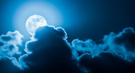 Dramatic full moon shining brightly through dark clouds on a deep blue night sky, creating a serene and mysterious atmosphere