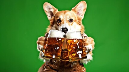 A Pembroke Welsh Corgi dog wearing lederhosen holds two steins of beer.