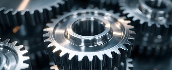 The gears closeup reveals polished metal mechanical parts on an industrial workbench.