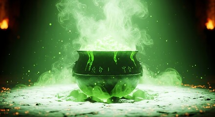 A bubbling cauldron of green potion surrounded by smoke and glowing embers, creating a mystical and enchanting atmosphere for halloween night