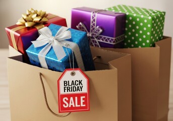 Brown paper bags filled with colorful gift boxes and a sale tag present