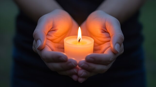 Hands cupping a lit candle casting warm light