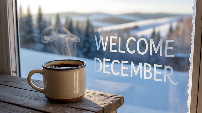 Steaming cup of coffee on a wooden table with welcome december written on the window