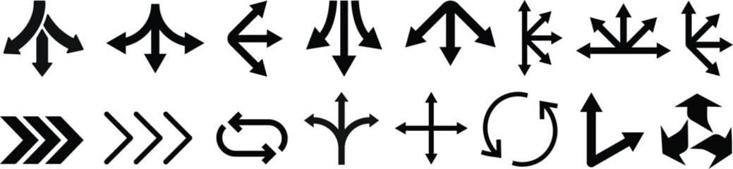 Way direction arrow sign icon set. three arrow, way sign, road direction icon vector. three-way direction arrow sign.Way pointer symbol. Turn arrow navigation sign. Traffic route vector illustration. © MR Vector Store