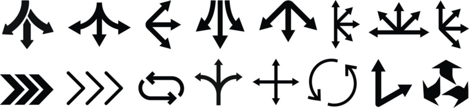 Way direction arrow sign icon set. three arrow, way sign, road direction icon vector. three-way direction arrow sign.Way pointer symbol. Turn arrow navigation sign. Traffic route vector illustration.