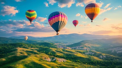Naklejka premium A stunning view of colorful hot air balloons soaring above a lush green valley, showcasing vibrant colors and exquisite clarity.