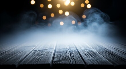 Dramatic stage with wooden floor, smoke, and bokeh lights, creating a captivating atmosphere for performance, presentation, or artistic display