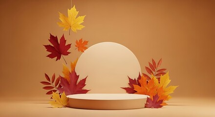 A minimalist autumn display features a round podium surrounded by vibrant fall leaves, set against a warm beige background, creating a cozy and inviting scene