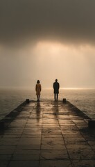 Figures standing on a pier, looking out at the sea, on a cloudy day. Moody scene of people at the sea, enjoying the quiet solitude.