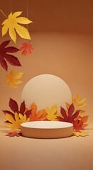 Vertical autumn showcase with a round podium and colorful leaves against a beige backdrop, perfect for product displays and seasonal promotions