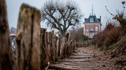 Rustic path leads to an elegant house, framed by weathered wooden fences and a bare tree against a cloudy sky. Quaint and charming.