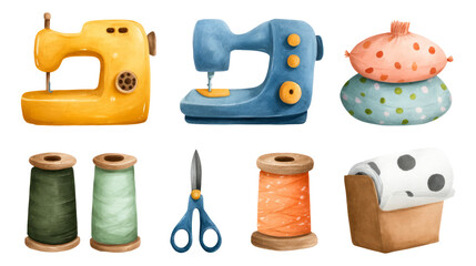 Colorful Sewing Tools and Accessories Collection with Isolated Transparent Background