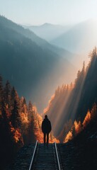 Contemplative figure on railway tracks amidst a valley bathed in sunlight, with trees displaying autumnal colors and misty mountain backdrop.