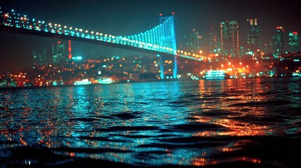 Cityscape at night with a bridge illuminated in blue lights spanning across water, reflecting city lights and creating a mesmerizing scene.