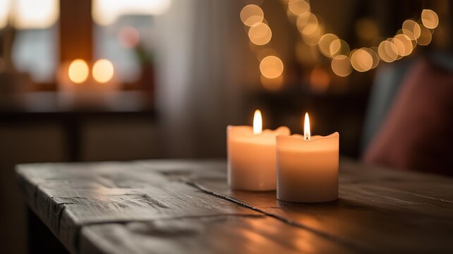 Warm cozy ambiance with two lit candles on a wooden table