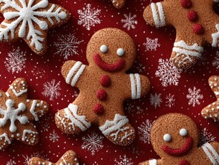 Smiling gingerbread cookies and snowflake biscuits on red festive background perfect for Christmas holiday cards bakery advertising and winter celebration visuals