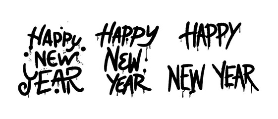 Bold black graffiti “Happy New Year” lettering with dripping spray paint style