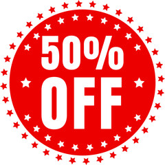 Red 50% Off Star Badge Promotional Discount Label for Sale and Marketing Campaigns