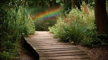 A wooden path crosses a small pond illuminated by a rainbow in a green natural setting, inviting peace and tranquility in nature.