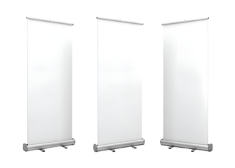 "Set of Three Roll-Up Banners — Blank White Display Mockup PNG"