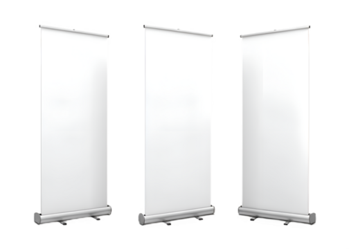 "Set of Three Roll-Up Banners — Blank White Display Mockup PNG"