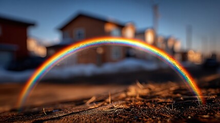 A vibrant rainbow stretches across the horizon, grounding in the earth, with blurred buildings in the background under a serene sky.