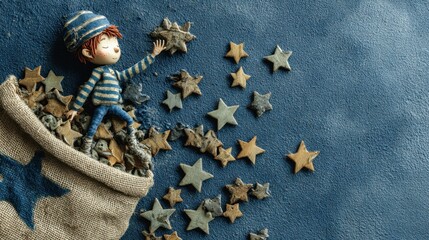 A whimsical scene with a clay figure seated in a star-filled sack, casting stars across a deep blue backdrop evoking dreams and magic.