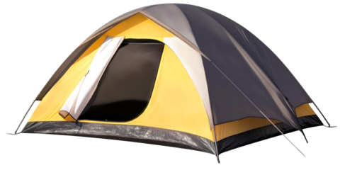 Dome tent with yellow and grey fabric on white