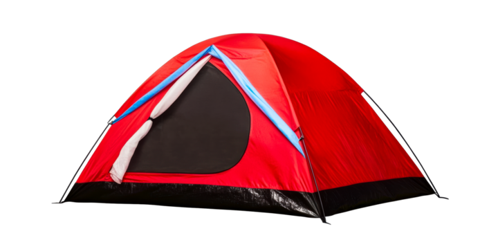 Red camping tent with black base and blue trim