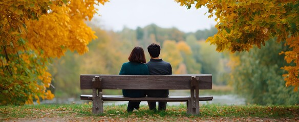 the couple chilling tight on the park bench in fall's golden season