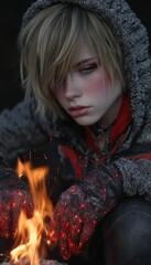 Hooded figure warms hands by a blazing fire, casting a fiery glow. A striking image of resilience in a dark setting.