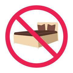 No bed sign, no sleep sign, no sleeping sign, forbidden sign with bed icon, red crossed circle symbol, flat vector illustration
