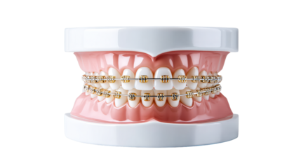 Dental model with golden braces on white background