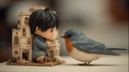 A boy doll stands next to a small house toy with his hands clasped together, looking intently at a robin bird.