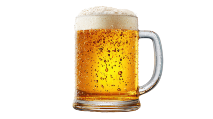 Gold cold beer glass or mug with foam and bubbles, a refreshing lager drink isolated on white