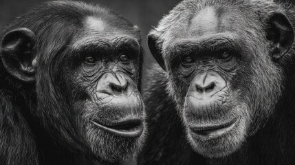 A grayscale portrait of two adult chimpanzees, showcasing their facial details, expressive eyes, and social connection in the wild.