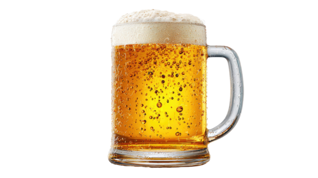 Gold cold beer glass or mug with foam and bubbles, a refreshing lager drink isolated on white - Powered by Adobe