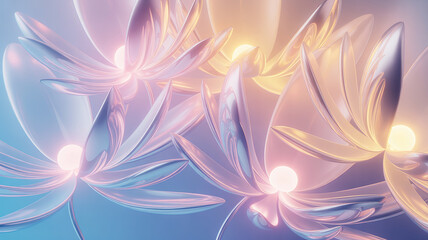 Abstract glowing translucent flower petals with soft light effects on blue
