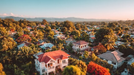 Aerial view of a lush, tropical town with houses nestled among trees, offering a serene and picturesque scene in golden sunlight.
