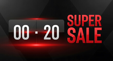 Super Sale countdown timer with red text on a black background.