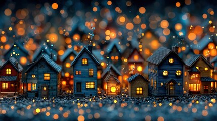 Miniature winter village with glowing windows, casting a warm light amidst a snowy, magical atmosphere. Whimsical charm and festive cheer.