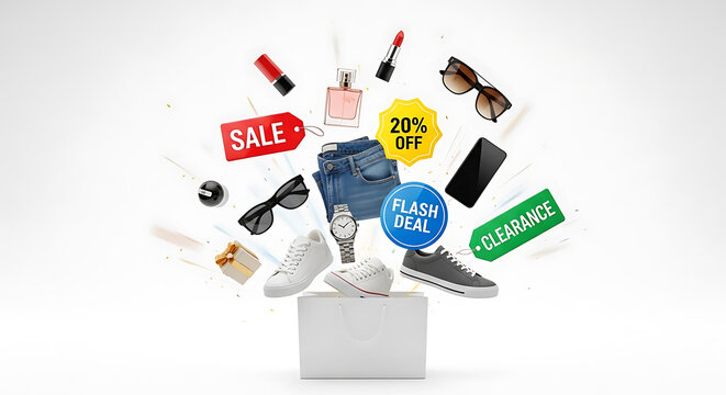 A collection of various fashion items and accessories floating above a laptop, representing online shopping.