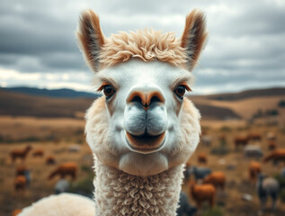 Obraz premium Close up of an alpaca face in a field Keywords: alpaca, animal, portrait, face, head, cute
