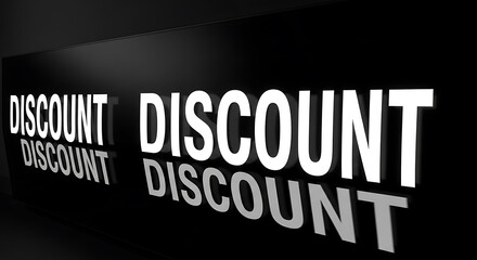 Bold white 3D 'DISCOUNT' text with reflections on a dark background.