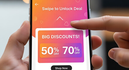 A hand holding a smartphone displaying a "BIG DISCOUNTS!" offer with 50% and 70% off, prompting to "Swipe to Unlock Deal".