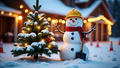 Winter holiday snowman with shovel and christmas tree in festive night scene for seasonal celebrations